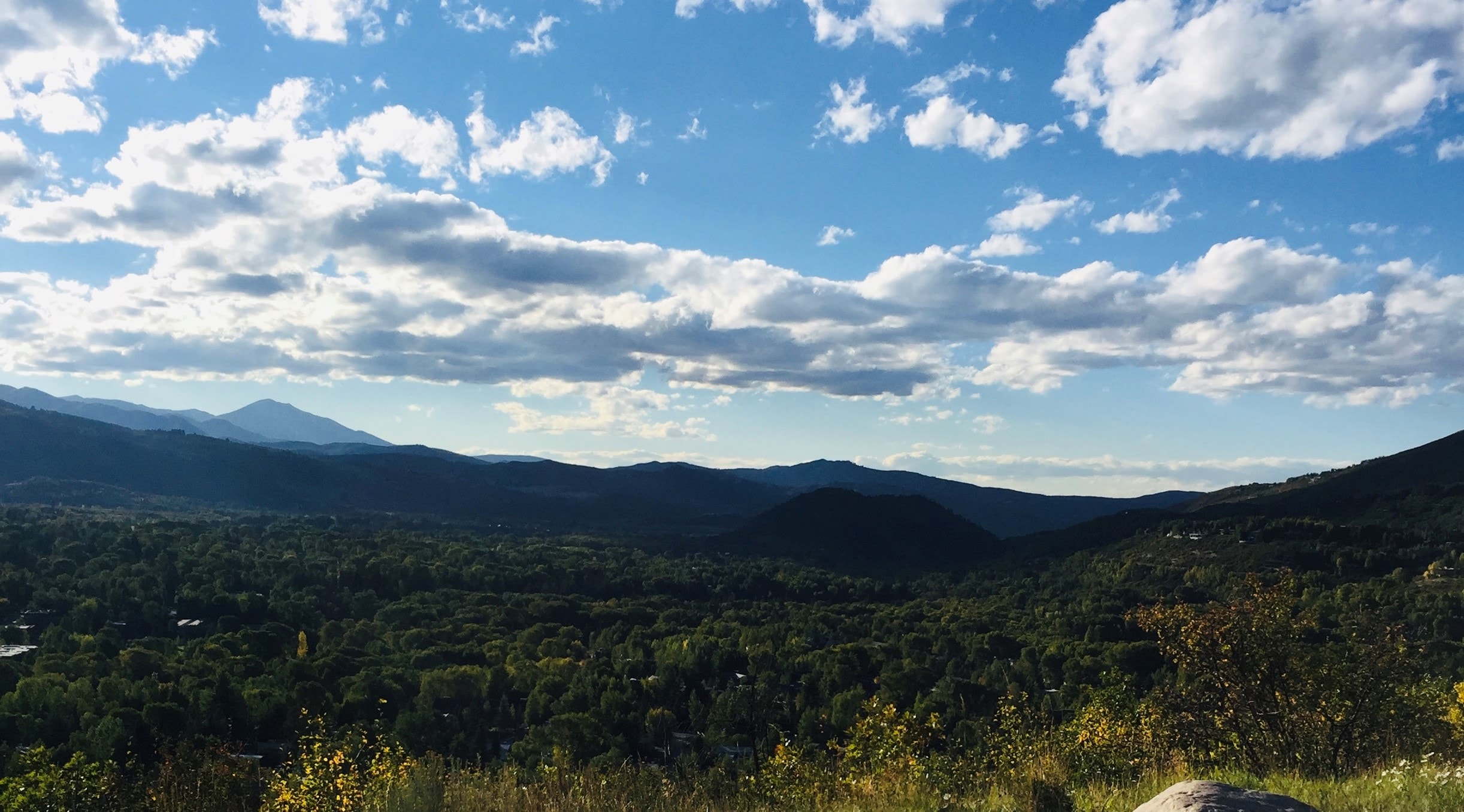 Hilltop view across a forested valley beneath a blue sky